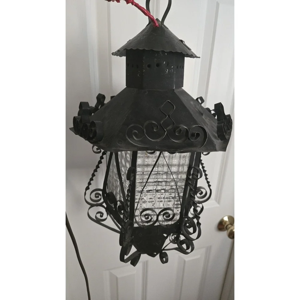 Antique Lantern  Iron Pendant Chandelier Scrolled Glass Gothic Spanish Revival